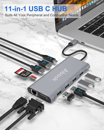 Hub adaptor USB C 11 in 1 Abask, cu 2 HDMI 4K, VGA, RJ45, 4 porturi USB, SD/micro SD, putere incarcare 100W