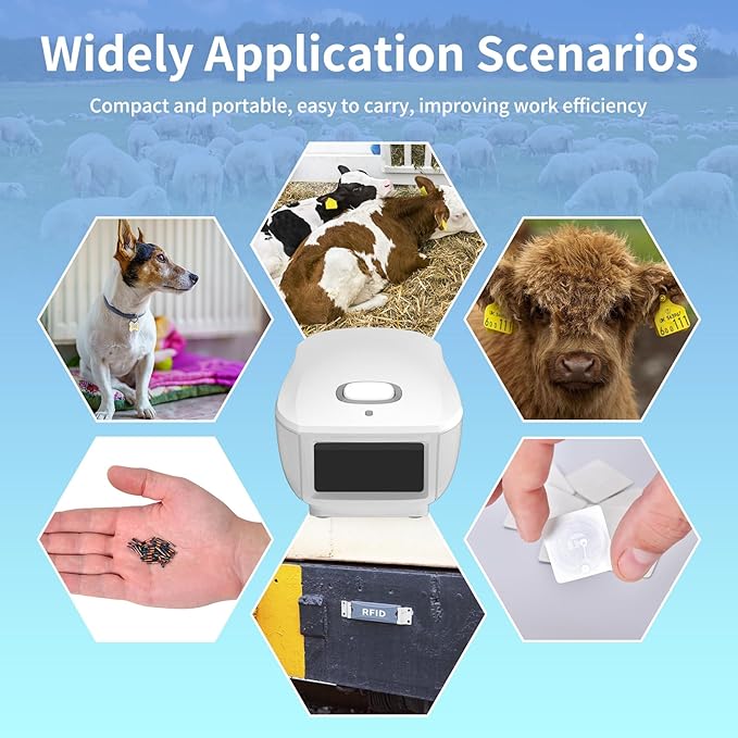 Cititor cipuri animale Bluetooth portabil, suporta tehnologie ISO 11784/11785, FDX-B, RFID EMID, 134.2kHz/125kHz, reincarcabil cu acumulator 1200 mAh, scanner RFID pentru caini, pisici si crotalii ureche