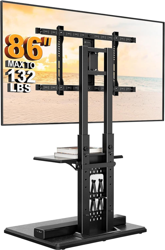 Suport TV, stand pentru televizor 32-86 inch, VESA 600 x 400 mm, pana la 60 kg, 6 reglaje de inaltime cu raft, baza eleganta din lemn