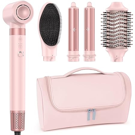 Set uscator de par 5 in 1 cu ioni, 110.000 rpm, 23 m/s, <75 dB, cablu rotativ 360°, 2 ondulatoare 1,25 inch, perie ovala, perie netezire, manusi termice, agrafe par, perie curatare, geanta depozitare, control inteligent al caldurii, uscare rapida, roz