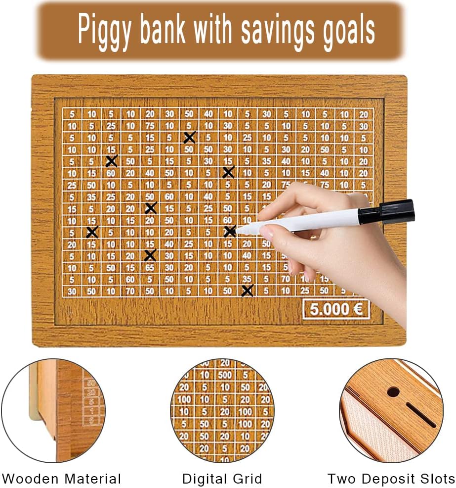 Pusculita din lemn cu tinta de economii si numere pentru bifat, 17 x 12.5 x7 cm, reutilizabila