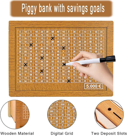 Pusculita din lemn cu tinta de economii si numere pentru bifat, 17 x 12.5 x7 cm, reutilizabila