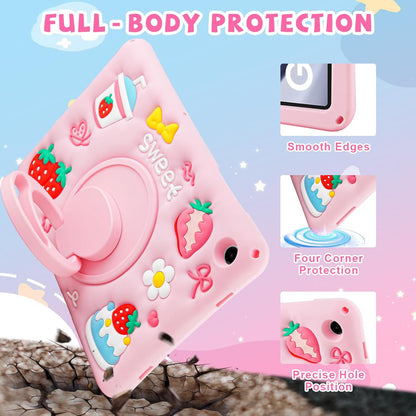 Husa Coolden pentru Samsung Galaxy Tab A9 Plus 11", din silicon moale, design 3D dragut cu capsuni si iaurt, rezistenta la socuri, cu suport rotativ si curea de umar, roz – ideala pentru fete