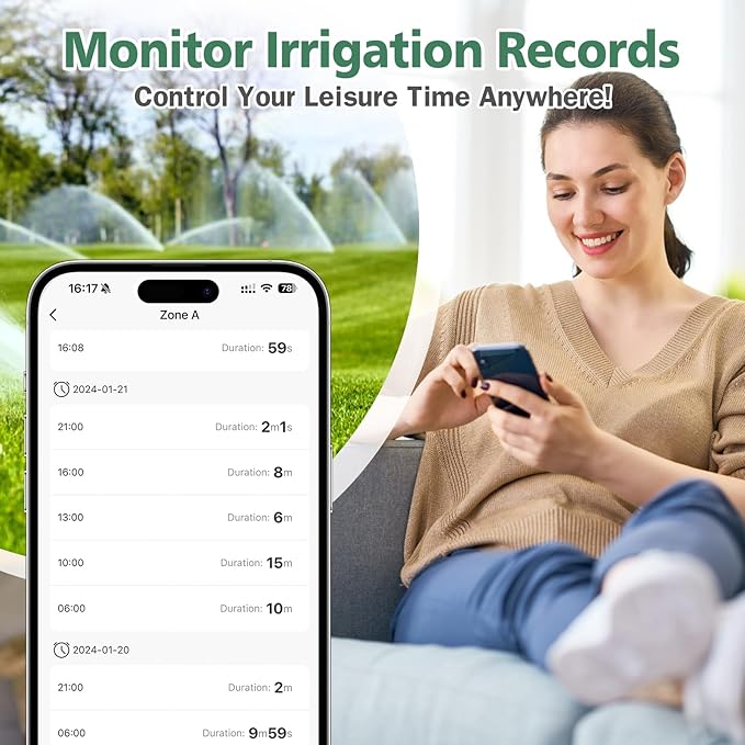Programator irigare/udare Smart, Bluetooth, WiFi, control prin aplicatie, 2 zone, 2 moduri si 2 optiuni de frecventa, 12 programe irigare, amanare in caz de ploaie, compatibil Android si iOS, pentru gradina, gazon, peluza