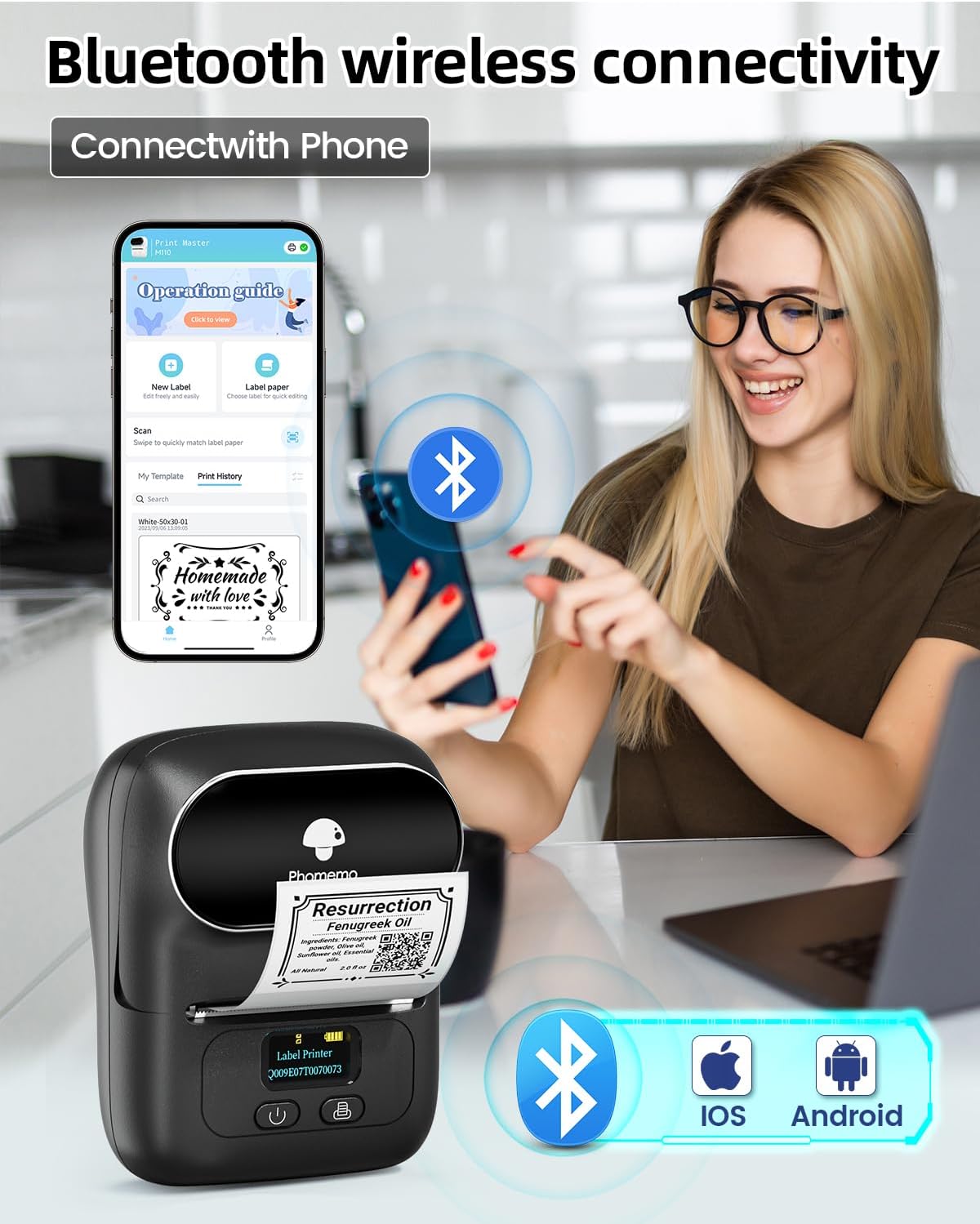 Imprimanta termica Bluetooth portabila, printare etichete 20-50 mm, cu display, 203dpi, acumulator 1500 mAh, aplicatie dedicata, compatibil iOS si Android, neagra