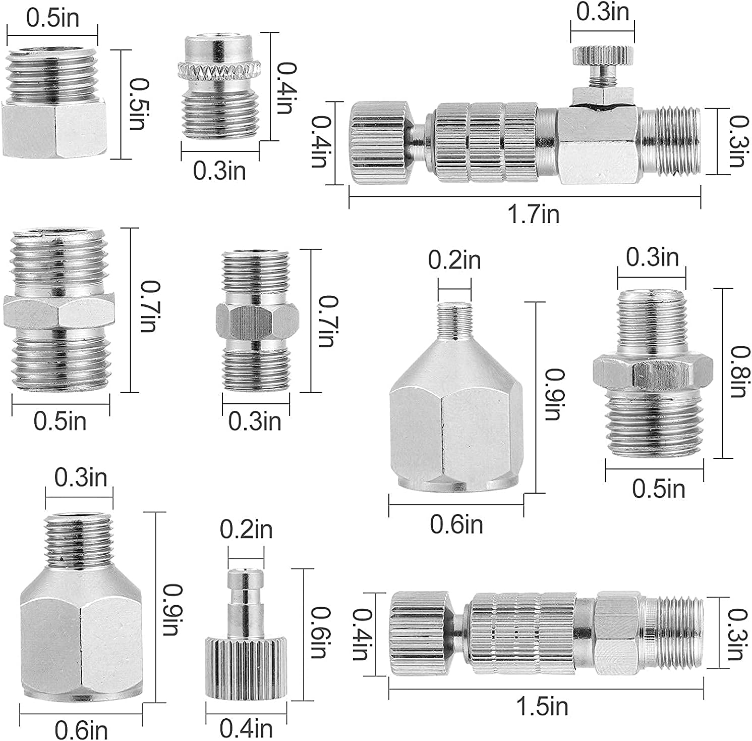 Set conectori cupla rapida aer, pentru aerograf, 14 piese, 1 x adaptor cuplare rapida cu robinet, 7 tipuri conectori BSP 1/4 inch, 1/8 inch si M5, cu banda de teflon, pentru compresor si furtun airbrush