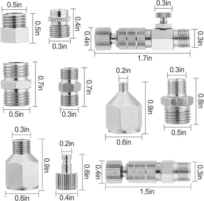 Set conectori cupla rapida aer, pentru aerograf, 14 piese, 1 x adaptor cuplare rapida cu robinet, 7 tipuri conectori BSP 1/4 inch, 1/8 inch si M5, cu banda de teflon, pentru compresor si furtun airbrush