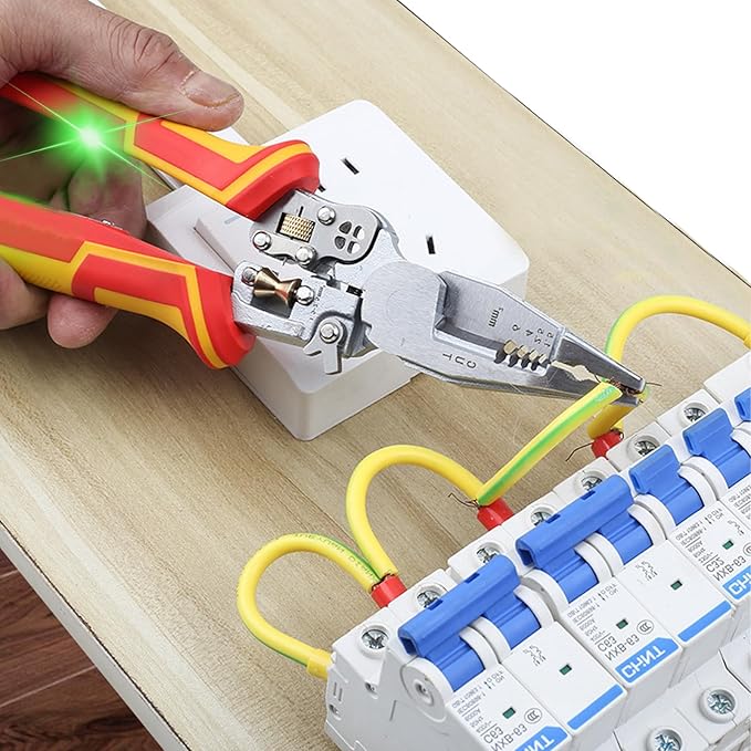 Cleste multifunctional 9 in 1, pentru dezizolat, taiat si sertizat cabluri, cabluri coaxiale si perechi rasucite 1,5-6 mm², tester de tensiune 12-250 V AC/DC cu alarma vizuala/auditiva si blocare de siguranta, pentru diagnosticare