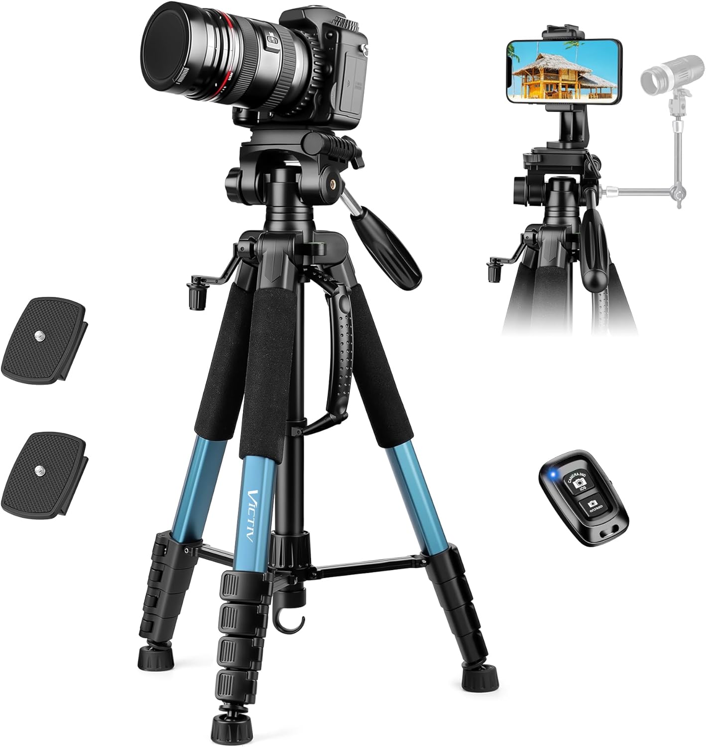 Trepied foto Victiv 188 cm, aluminiu usor si compact, cap detasabil 3 directii 360°, suport smartphone, telecomanda wireless, compatibil DSLR Canon/Nikon/Sony, smartphone/tableta, capacitate 6 kg, albastru