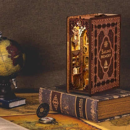 Puzzle 3D Cotor de carte DIY, Cu lumina LED, Stil retro, Suport carti Book Nook Sailing Memory, Cutefun BK02