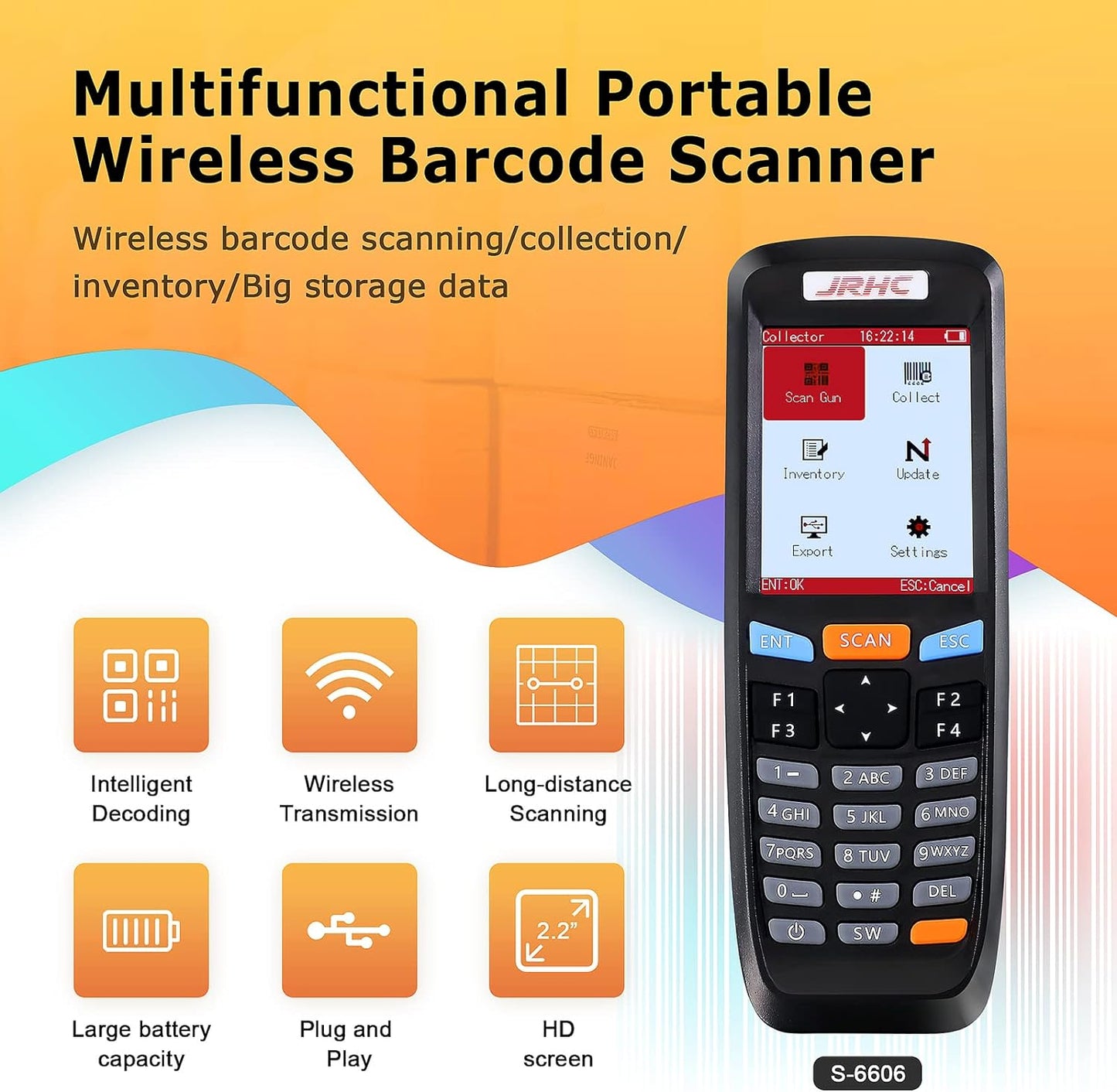 Cititor coduri de bare, scanner wireless 1D, 2D, QR, cu display LCD 2.8 inch, acumulator 1400 mAh, portabil, mod inventar, portabil