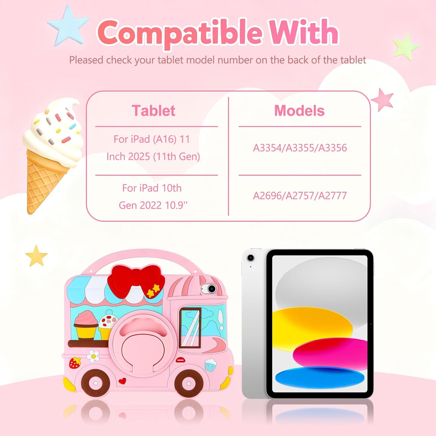 Husa pentru iPad A16 11 generatia 11 inch 2025, inghetara 3D, din silicon pentru iPad 10 Generation, protectie rezistenta la socuri pentru copii si fete, cu suport rotativ, curea de umar si maner