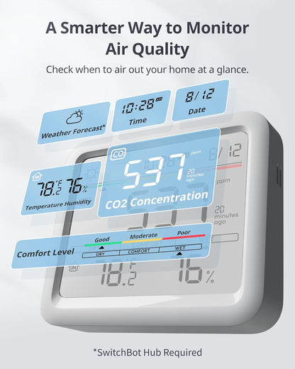 Detector de CO2 WLAN SwitchBot cu termometru-higrometru IP65 si Hub Mini Matter – senzor CO2 cu aplicatie, alarma, stocare date 2 ani si Bluetooth