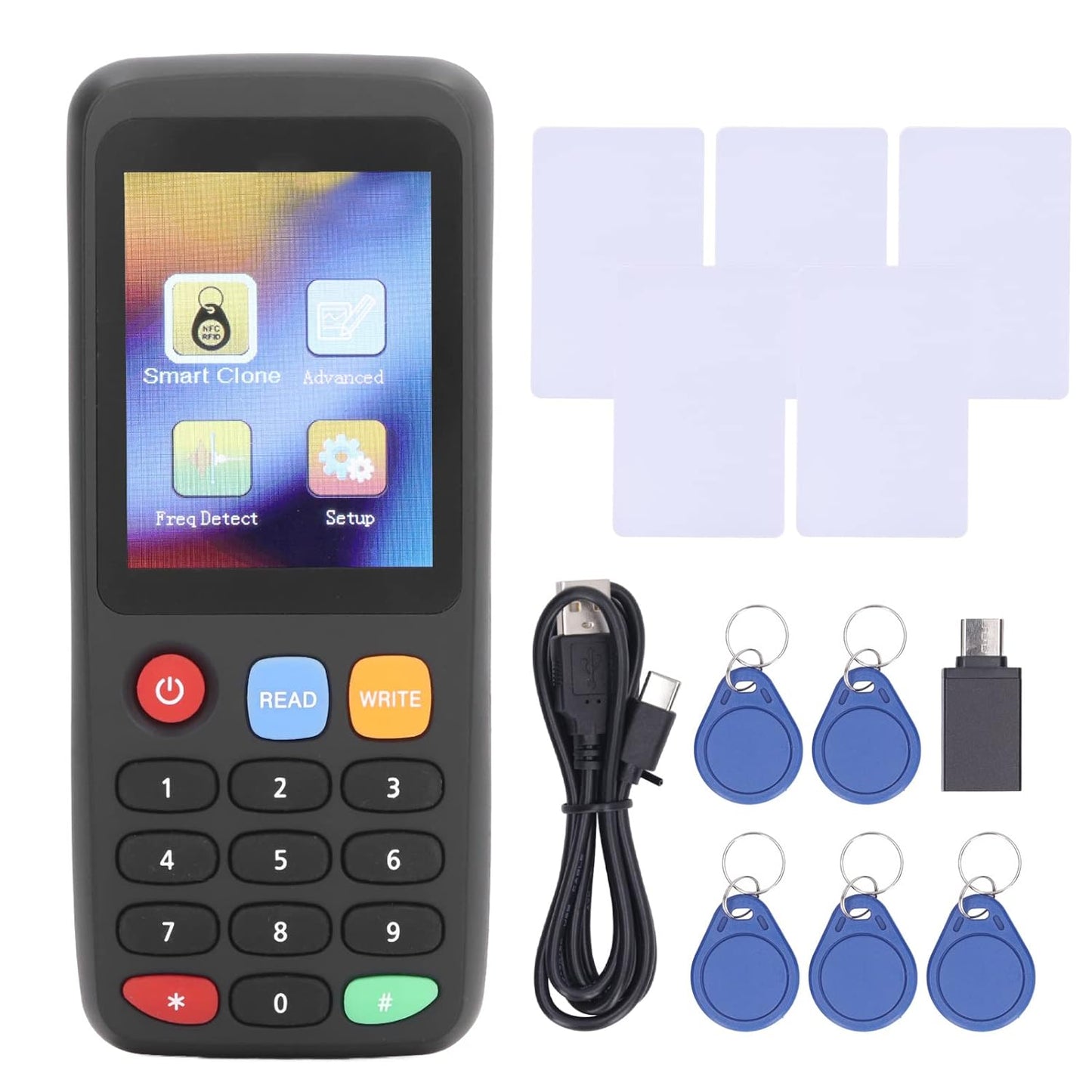 Set copiator si cititor RFID, NFC, 1 x Adaptor OTG, cu 5 x carduri, 5 x Breloc UID programabile, cu 7 frecvente programabile, 13,56 MHz, 125 KHz, 175 KHz, 250 KHz, 300 KHz, 375 KHz, 500 KHz, ecran LCD, negru