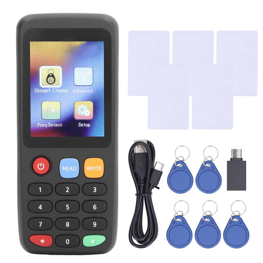 Set copiator si cititor RFID, NFC, 1 x Adaptor OTG, cu 5 x carduri, 5 x Breloc UID programabile, cu 7 frecvente programabile, 13,56 MHz, 125 KHz, 175 KHz, 250 KHz, 300 KHz, 375 KHz, 500 KHz, ecran LCD, negru