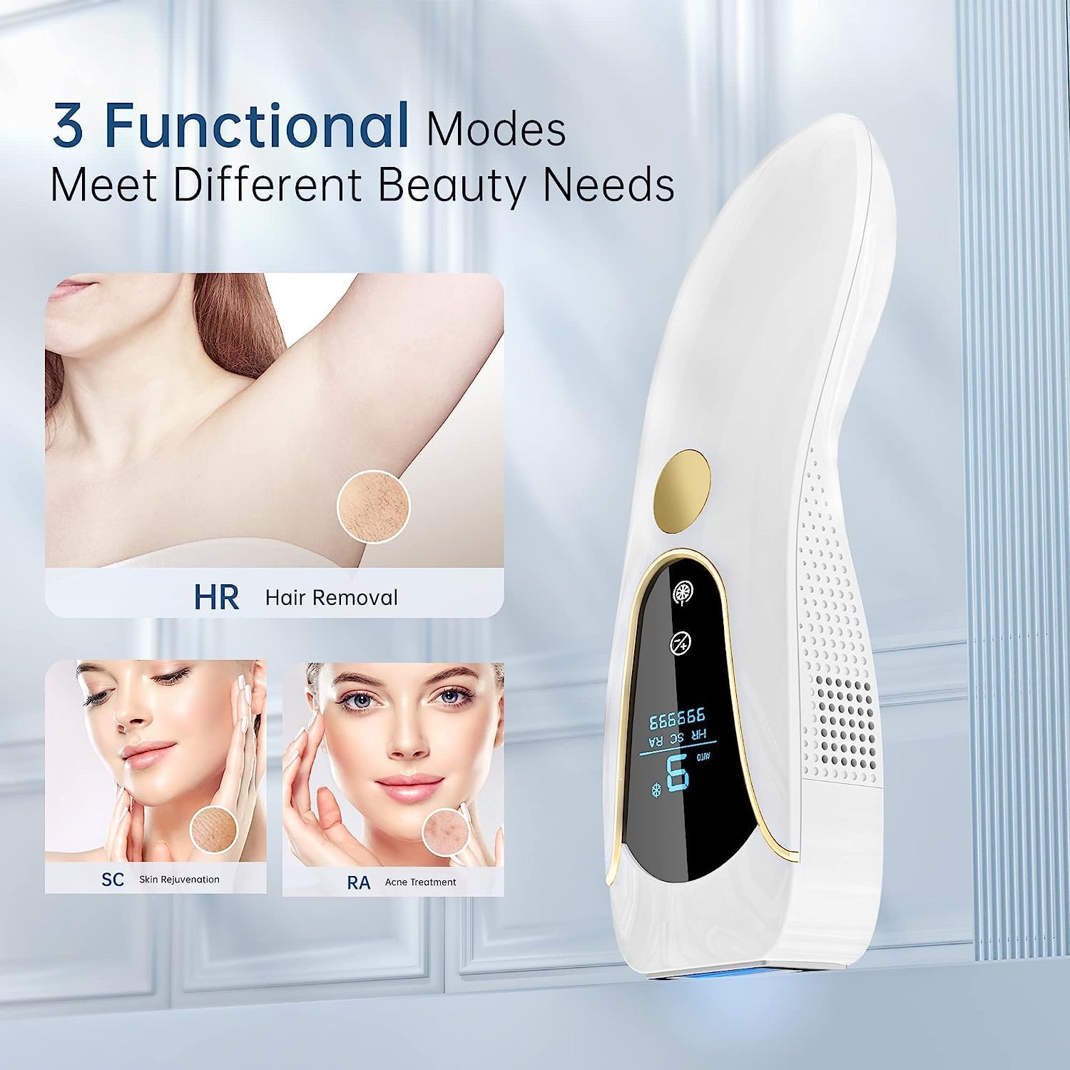 Epilator IPL cu functie de racire dubla, 999.900 de impulsuri luminoase, 3 functii avansate HR, SC, RA, display LED, touchscreen, mod manual si automat cu 9 niveluri de intensitate, pentru corp, fata, axila, inghinal, AMINZER