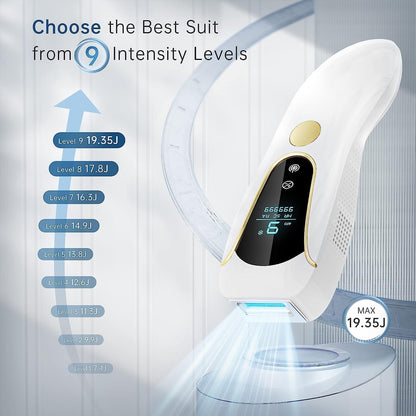 Epilator IPL cu functie de racire dubla, 999.900 de impulsuri luminoase, 3 functii avansate HR, SC, RA, display LED, touchscreen, mod manual si automat cu 9 niveluri de intensitate, pentru corp, fata, axila, inghinal, AMINZER