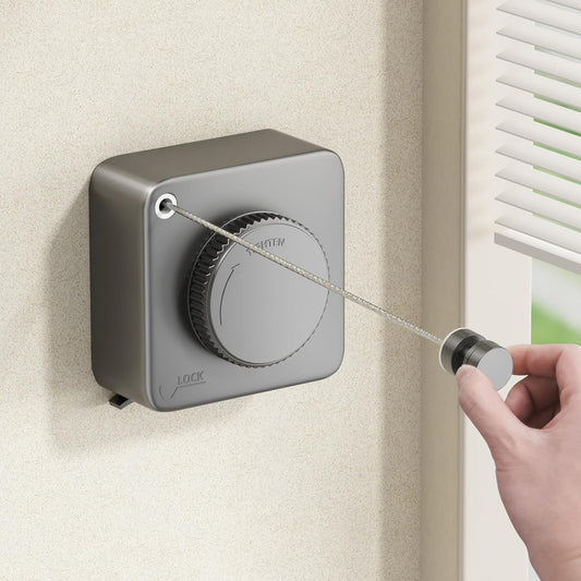 Sarma retractabila uscare rufe KD Home® FlexiCord 4.5m otel, suport 20kg, sistem tensionare reglabil, montaj cu suruburi sau adeziv, pentru interior, baie si balcon, gri, economisire spatiu