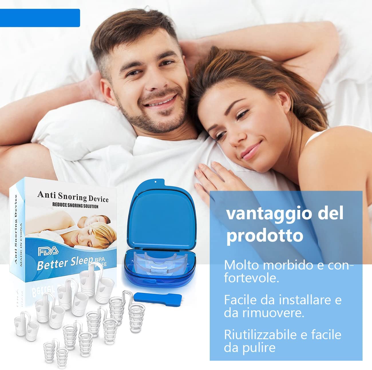 Set dispozitiv anti-sforait cu 8 dilatatoare nazale si gutiera de protectie bucala anti-bruxism, din silicon, pentru o respiratie mai buna si un somn mai linistit