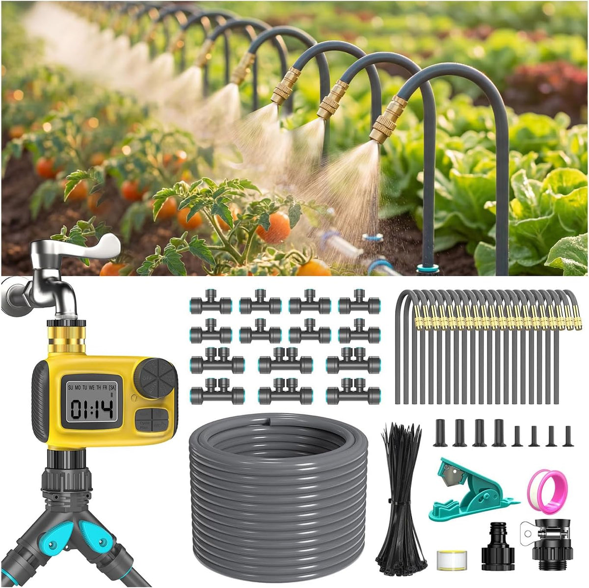 Sistem automat de irigare prin picurare 30m cu temporizator programabil, kit complet udare 20 plante, 20 duze reglabile 360° din alama, 3 moduri picurare/pulverizare/dus, economie apa 70%, instalare rapida fara unelte, pentru gradina, sera si ghiveci