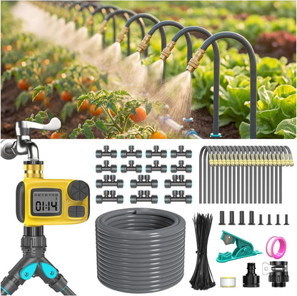 Sistem automat de irigare prin picurare 30m cu temporizator programabil, kit complet udare 20 plante, 20 duze reglabile 360° din alama, 3 moduri picurare/pulverizare/dus, economie apa 70%, instalare rapida fara unelte, pentru gradina, sera si ghiveci