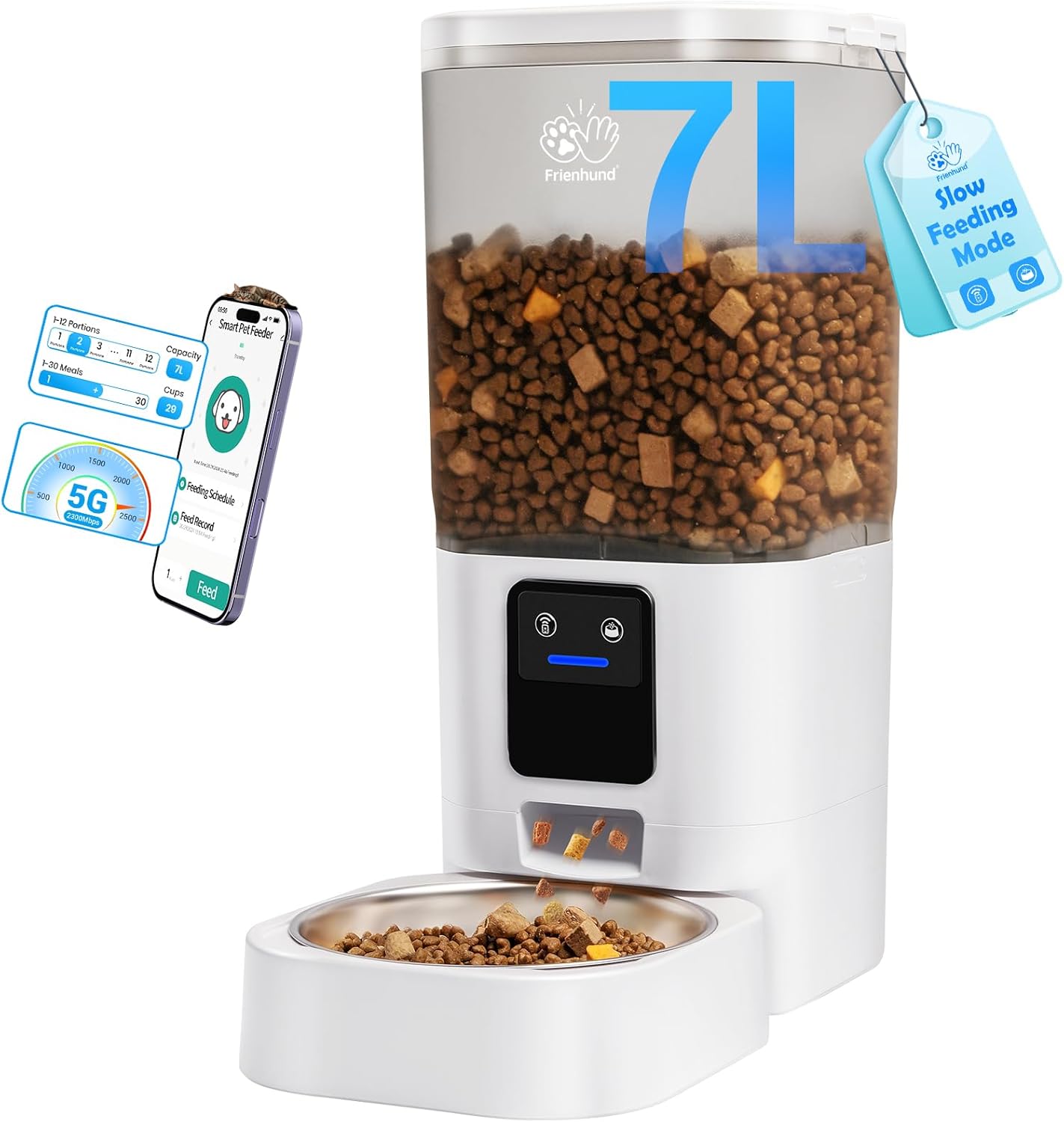 Hranitor automat Frienhund pentru pisici, WiFi 5G cu aplicatie compatibila cu Alexa, 7 litri cu alimentare lenta,constructie detasabila pentru curatare usoara