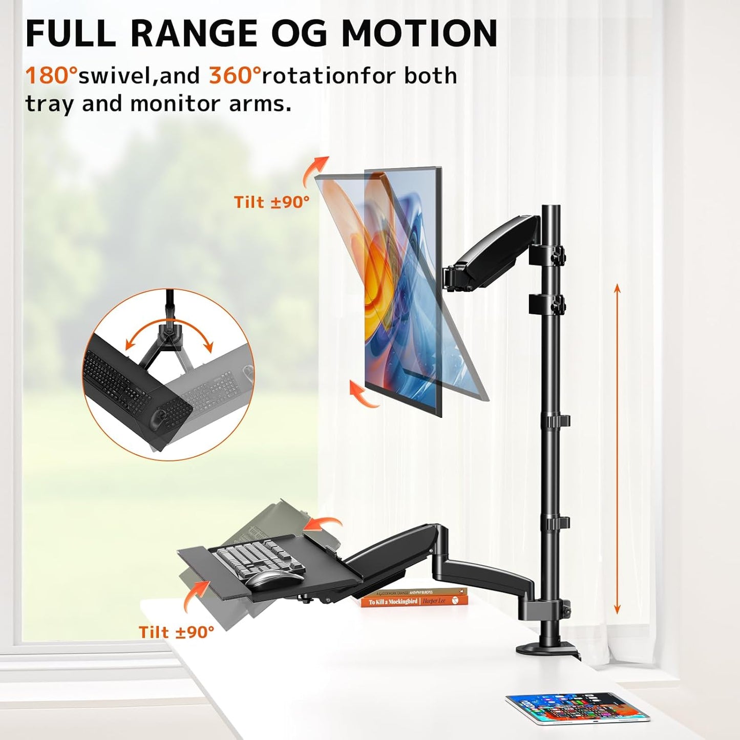 Suport monitor cu raft pentru tastatură - pentru suport monitor cu arc pe gaz de 17-32 inch, până la 9 kg,