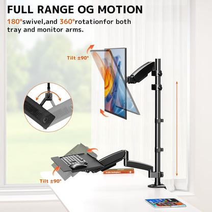 Suport monitor cu raft pentru tastatură - pentru suport monitor cu arc pe gaz de 17-32 inch, până la 9 kg,