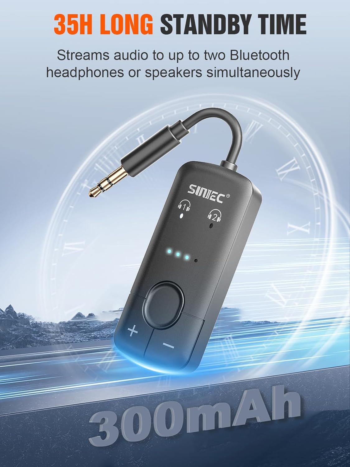 Adaptor transmitator AirFly cu Bluetooth, Dual Link, wireless, accepta 2 casti sau mufa AirPods, cu AUX 3.5 mm, latenta scazuta aptX, portabil, pentru TV, avion, masina (negru)