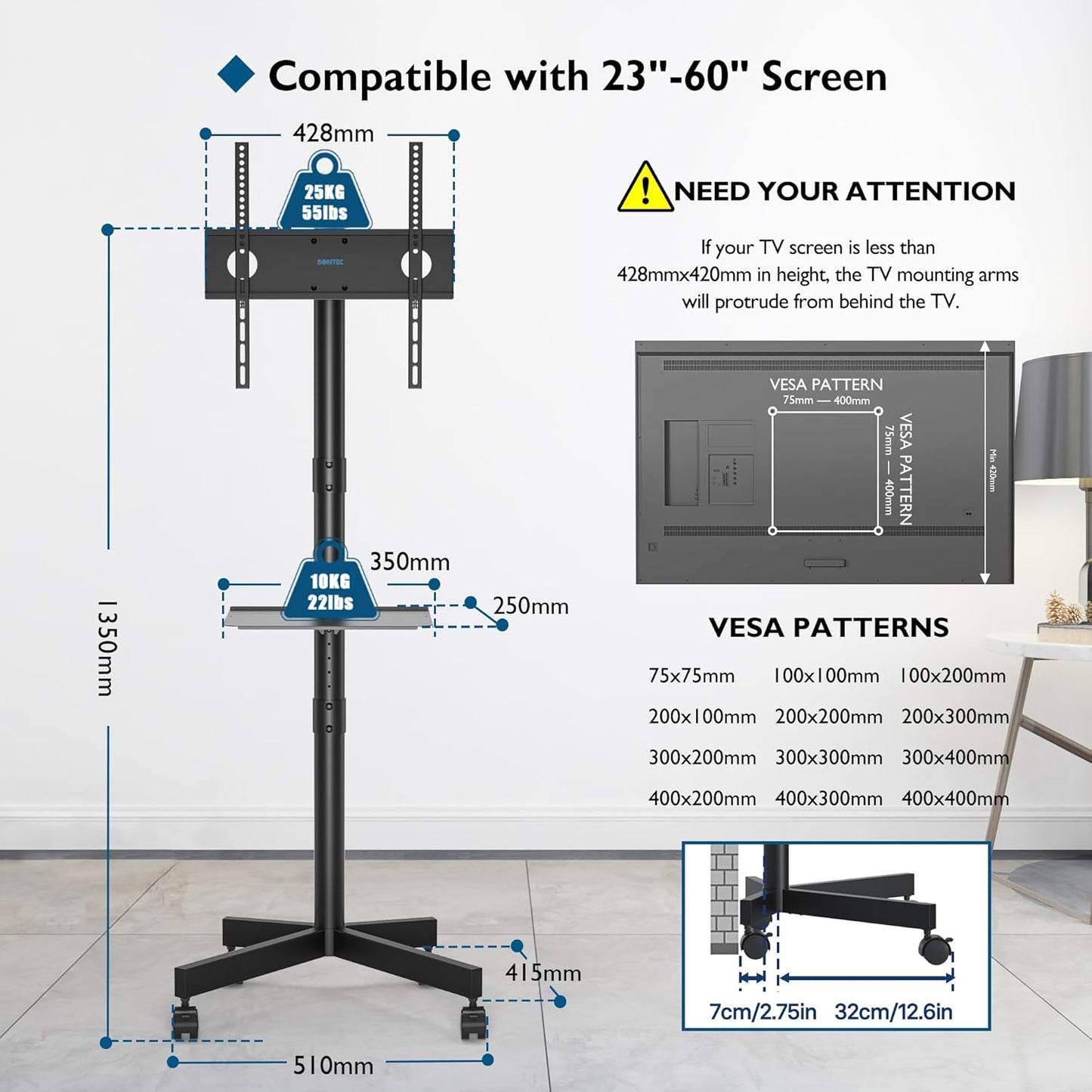 Suport TV BONTEC cu roti pentru ecrane Plasma/LCD/LED de 23-60 inch, pana la 25 kg, suport rulant reglabil pe inaltime cu raft pentru laptop, MAX VESA 400 x 400 mm