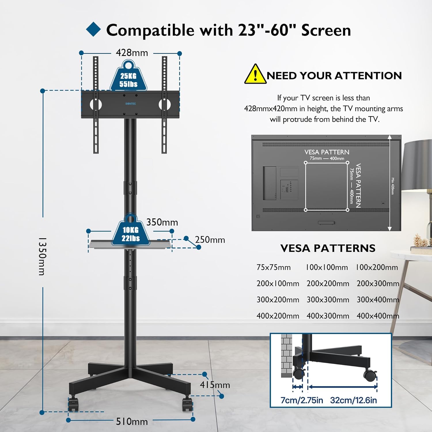 Suport TV BONTEC cu roti pentru ecrane Plasma/LCD/LED de 23-60 inch, pana la 25 kg, suport rulant reglabil pe inaltime cu raft pentru laptop, MAX VESA 400 x 400 mm