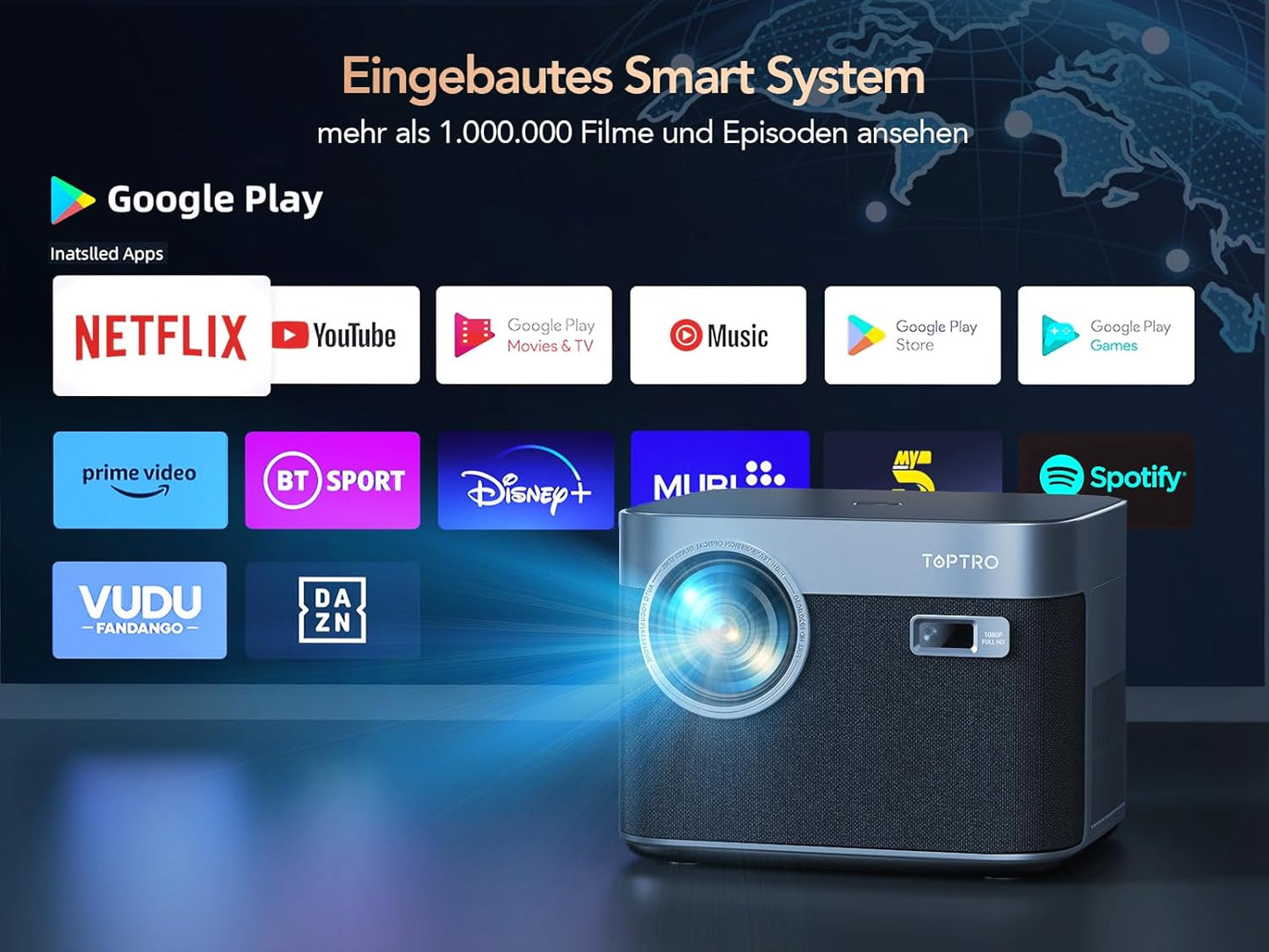 Videoproiector TOPTRO X7 600 ANSI Lumeni cu Focalizare automata/Correctie trapezoidala, Full HD 1080P WiFi6 Bluetooth 4K Suport LED Afisaj de 300 inchi, Home Cinema Android 9.0