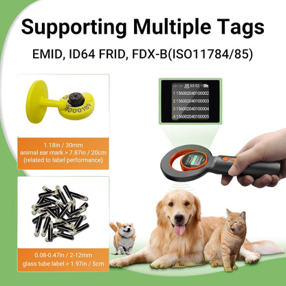 Cititor cipuri animale portabil, conexiune 3 in 1, suporta tehnologie ID64 FRID, EMID si FDX-B, ISO11784/85, ecran 1,44 inch, reincarcabil cu acumulator 1800 mAh, viteza de detectie mare, scanner RFID pentru caini, pisici si crotalii ureche