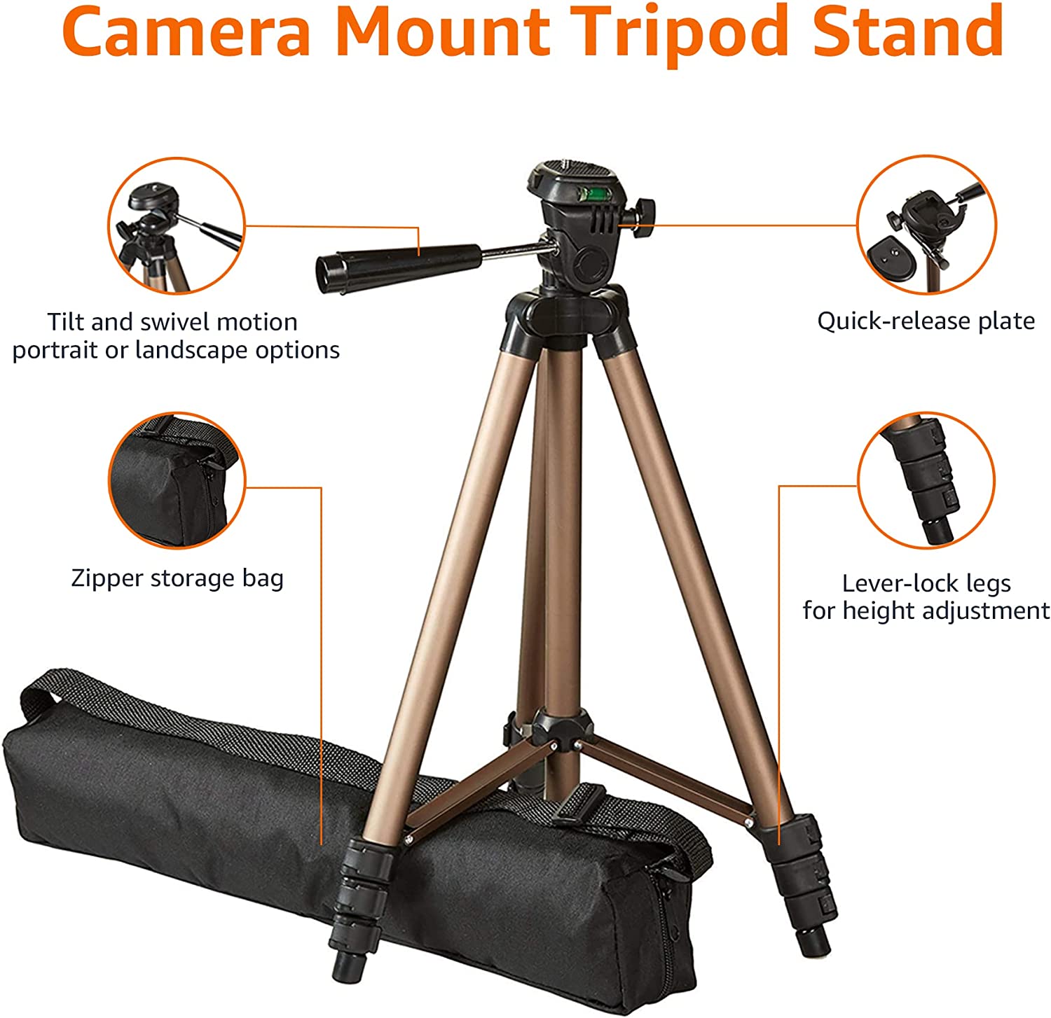 Trepied foto telescopic cu surub 1/4 inch pentru camera foto video, 42-127 cm, cu husa de transport si depozitare