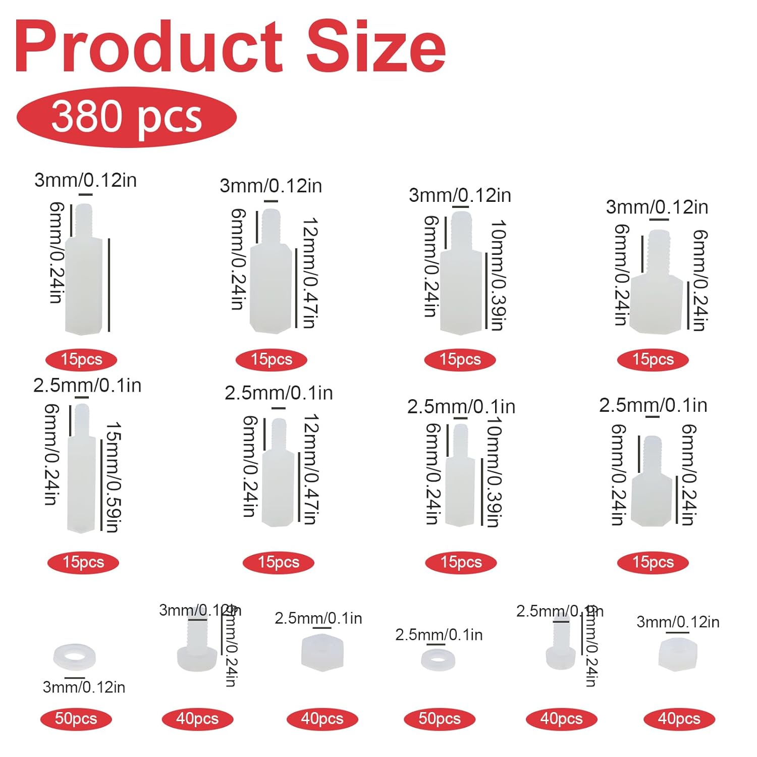 Set 380 de distantiere M2.5 M3 hexagonale, mama-tata, pentru placa PCB, din Nylon, cu piulite si saibe din plasitc, cu cutie de depozitare, albe