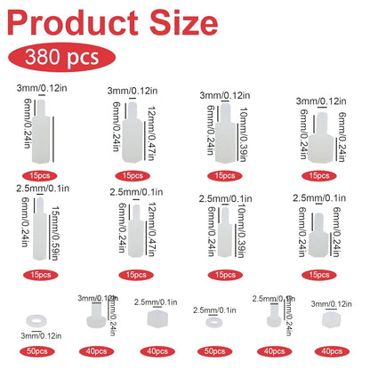 Set 380 de distantiere M2.5 M3 hexagonale, mama-tata, pentru placa PCB, din Nylon, cu piulite si saibe din plasitc, cu cutie de depozitare, albe