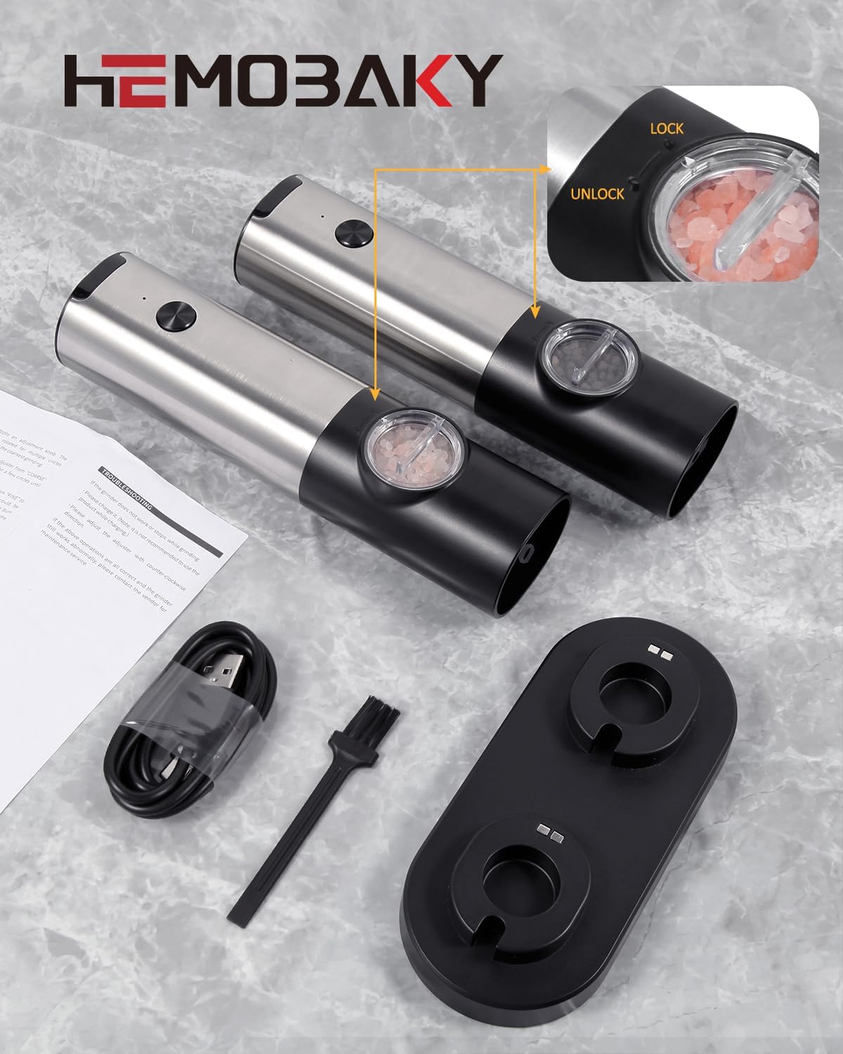 Set 2 Rasnite electrice sare, piper sau alte condiment, control pentru finetea macinarii, stand incarcare, camere depozitare transparente, Lumina LED, reincarcabile, din otel inoxidabil, pentru bucatarie si gratar