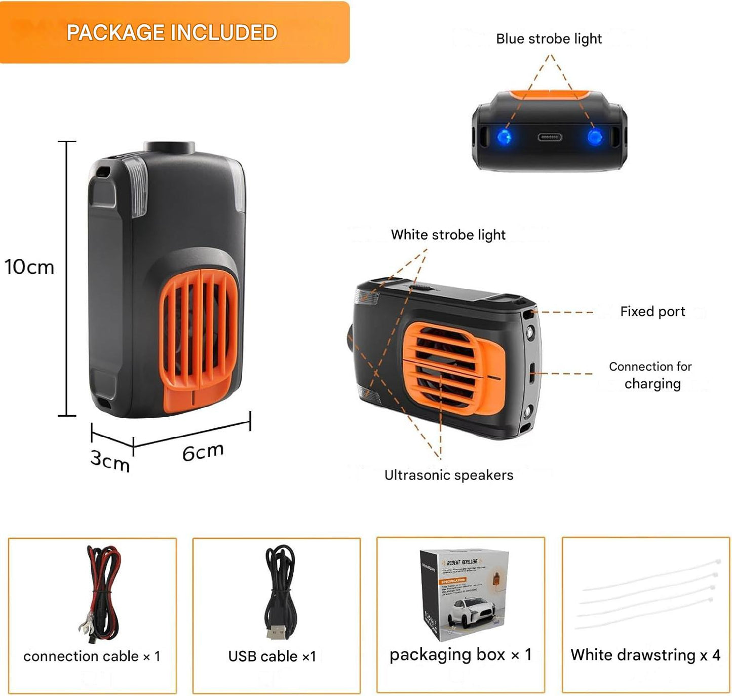 Aparat anti rozatoare auto, dispozitiv cu ultrasunete 20-50 kHz si lumini LED stroboscopice, 2 modalitati alimentare, anti daunatori, soareci, sobolani, dihori pentru masina si incaperi pana la 80 metri patrati