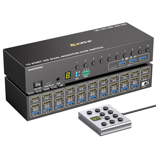 Switch KVM HDMI MLEEDA, 10 porturi pentru 10 PC-uri si 2 monitoare, dual monitor, rezolutie 4K Ultra HD 60Hz, 4 porturi USB 3.0, simulare EDID, audio, RS232, telecomanda cu fir, alimentare 12V/2A, compatibil Windows/Linux, negru