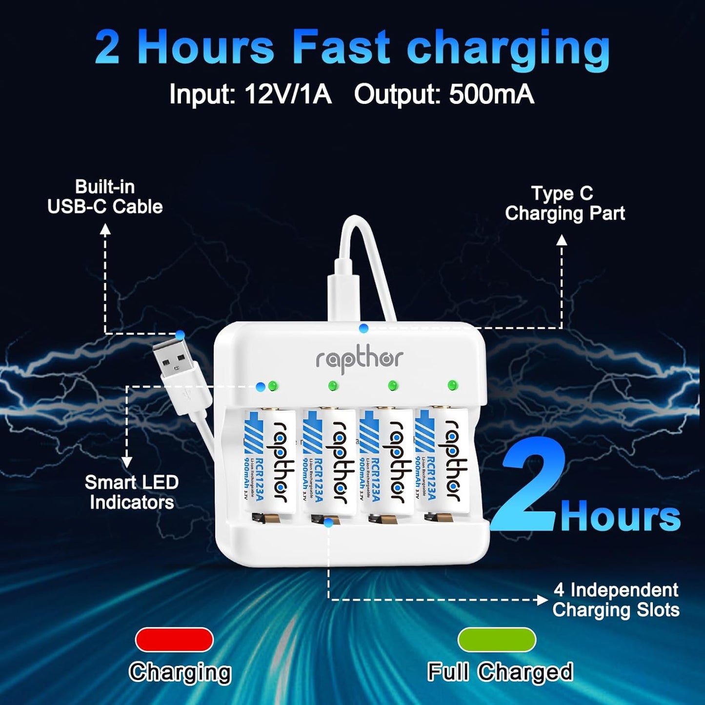 Set 8 acumulatori Raptor CR123A reincarcabili Li-Ion 3.7V 900mAh + incarcator LED, compatibili Arlo VMC3030, VMK3200, VMS3330, VMS3430, VMS3530, protectie la supraincarcare, 550 cicluri