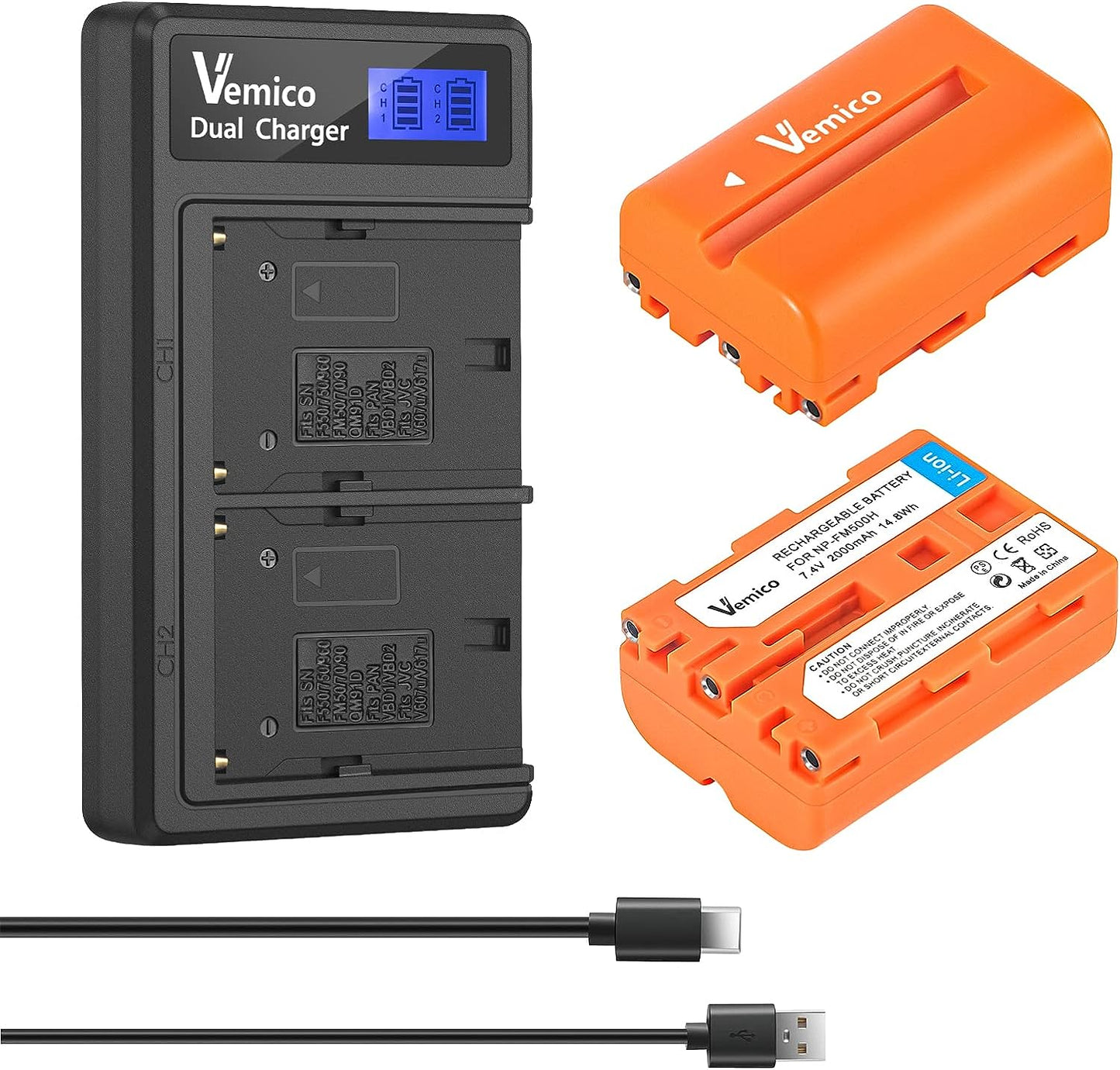 Set 2 acumulatori NP-FM500H 2000 mAh si incarcator dublu cu display LCD, pentru Sony Alpha A57, A58, A65, A65V, A68, A77, A77V, A99, A99 II, A100, A200 A300, A300K, A300X, A350, A450, A50, A550 A560, A580, A700, A700K, A700P, A700Z, A850, A900