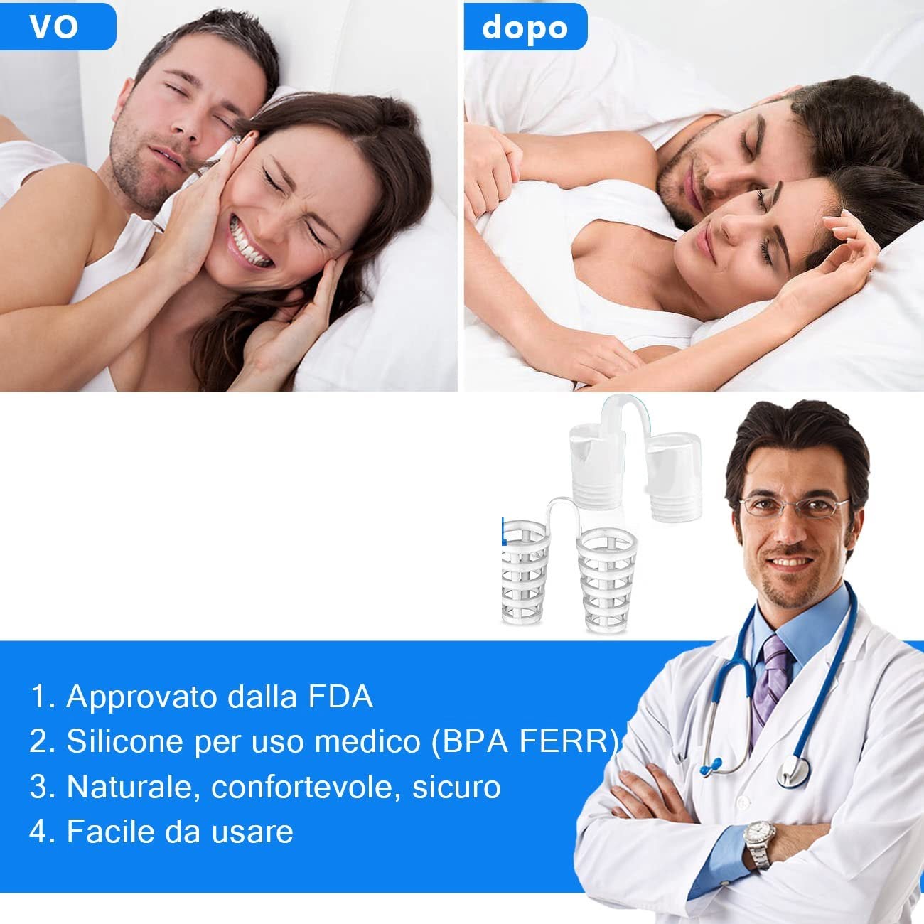 Set dispozitiv anti-sforait cu 8 dilatatoare nazale si gutiera de protectie bucala anti-bruxism, din silicon, pentru o respiratie mai buna si un somn mai linistit