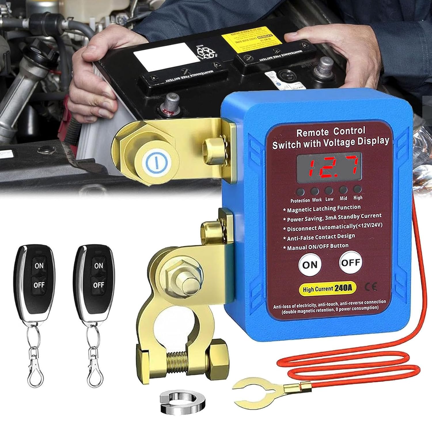 Izolator baterie auto, comutator de deconectare 12/24V 240A, cu 2 telecomenzi wireless, display, monitorizare tensiune, oprire automata, intrerupator baterie pentru masina, barca, autovehicule, rulota, ATV, camion