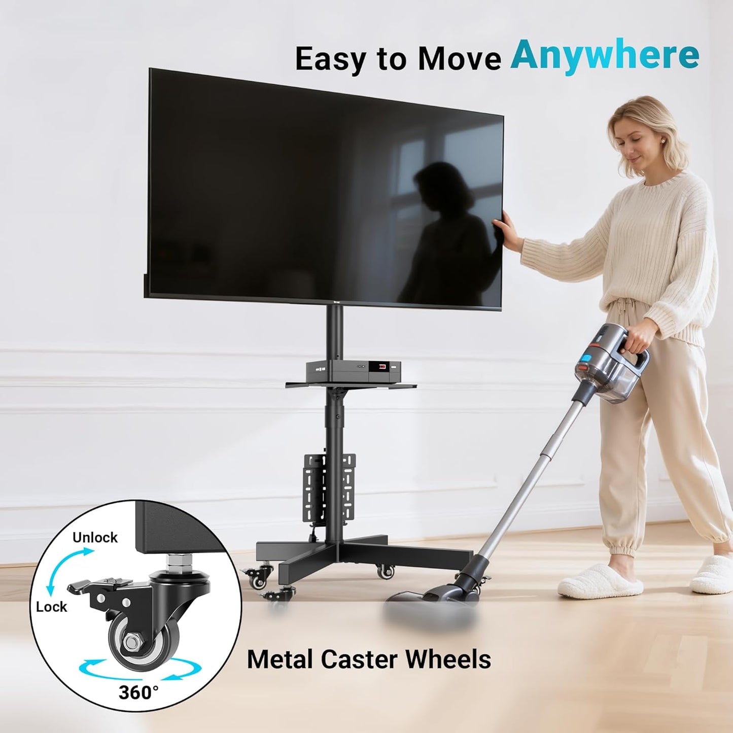 Suport TV mobil cu roti pentru televizoare de 23-55 inch, reglabil pe inaltime si inclinare +6°/-3°, compatibil VESA 400x400, cu raft pentru laptop/consola, pentru LED, LCD, OLED, Plasma, capacitate 40 kg, negru