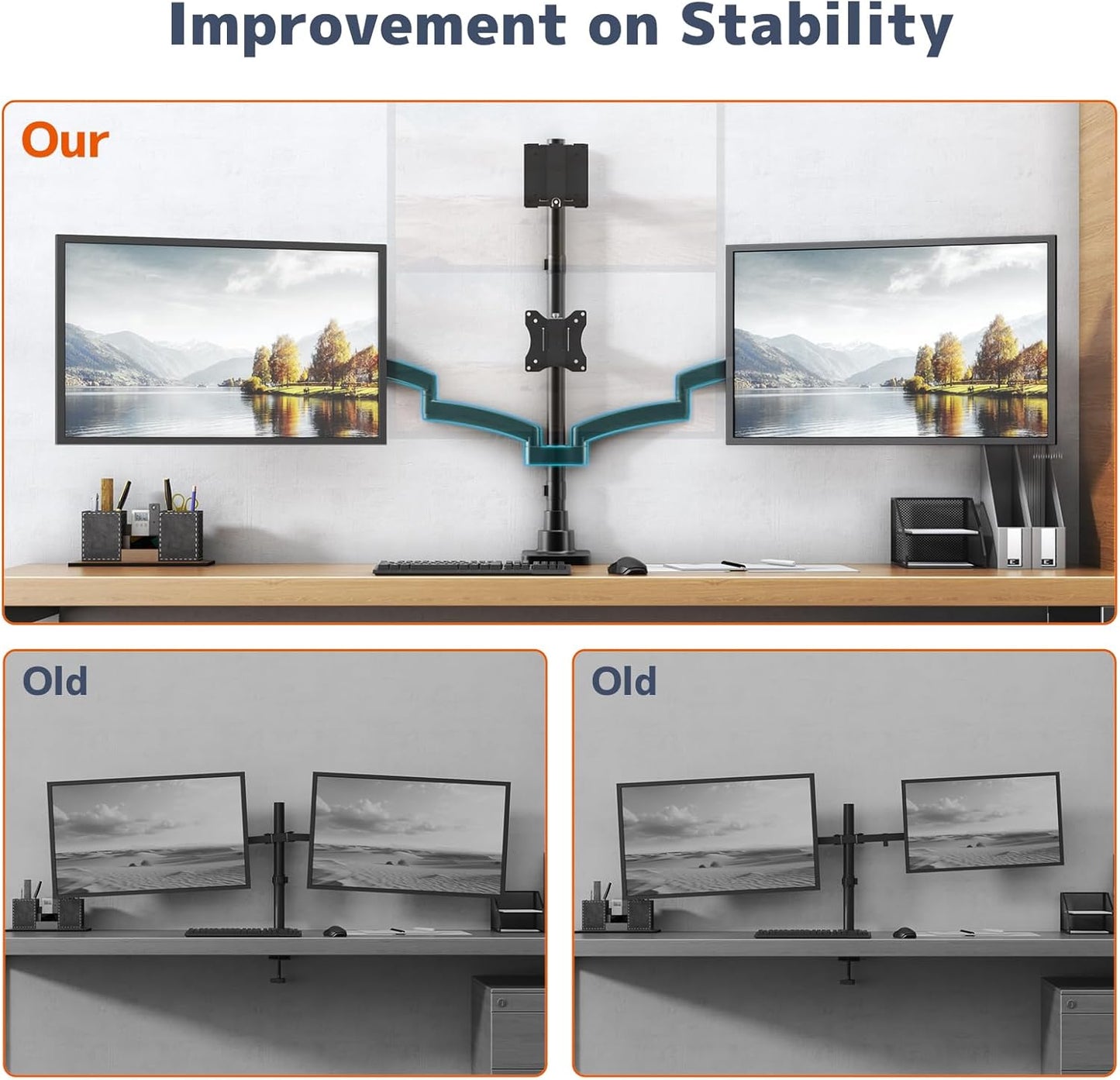 Suport 4 monitoare PUTORSEN pentru birou, 1x49 inch, 3x27 inch, VESA 75 x 100, pentru monitoare plate si curbate, brate reglabile cu arc, inaltime reglabila 80 cm, rotire, inclinare si pivotare, montare cu clema sau grommet