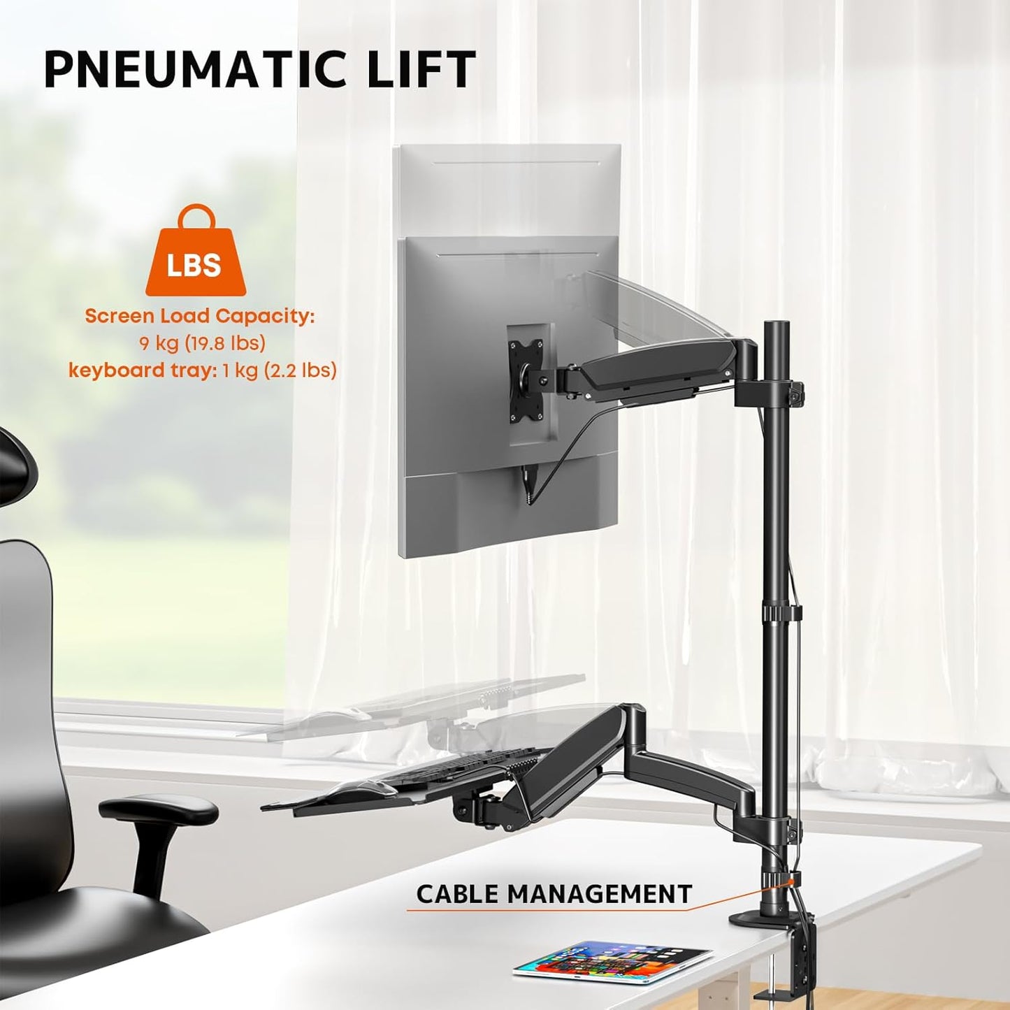 Suport monitor cu raft pentru tastatură - pentru suport monitor cu arc pe gaz de 17-32 inch, până la 9 kg,