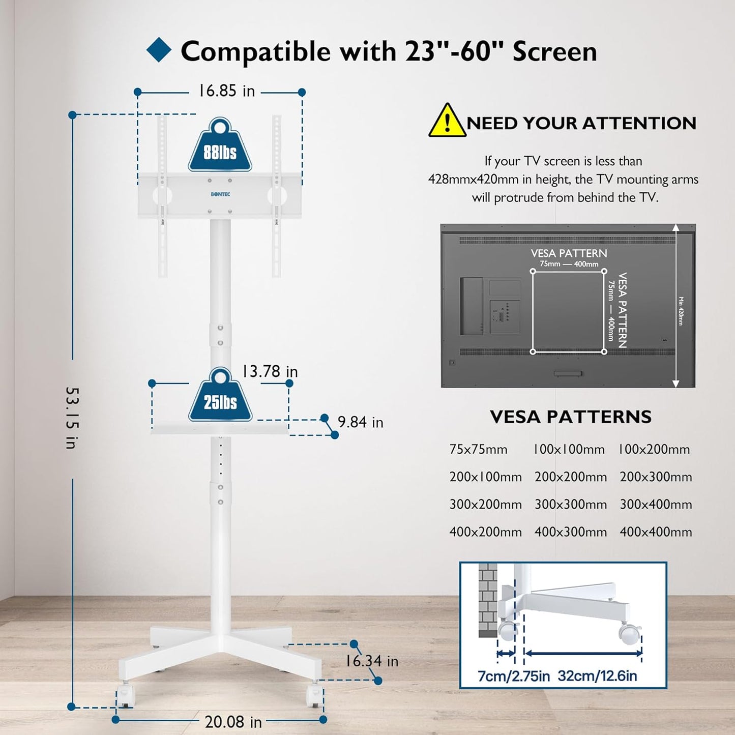 Suport TV mobil BONTEC pe roti pentru televizoare de 23-60 inch, suport TV portabil cu raft pentru laptop, carucior TV rulant reglabil pe inaltime pana la 25 kg, max. VESA 400 x 400 mm (alb)