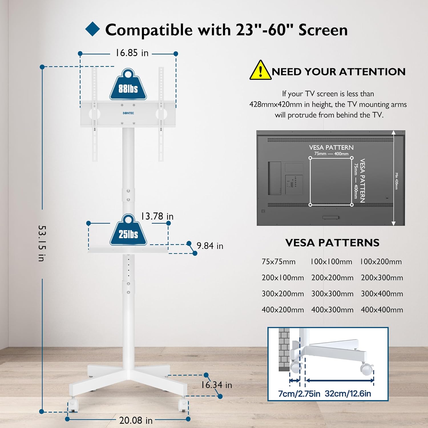 Suport TV mobil BONTEC pe roti pentru televizoare de 23-60 inch, suport TV portabil cu raft pentru laptop, carucior TV rulant reglabil pe inaltime pana la 25 kg, max. VESA 400 x 400 mm (alb)
