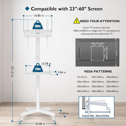Suport TV mobil BONTEC pe roti pentru televizoare de 23-60 inch, suport TV portabil cu raft pentru laptop, carucior TV rulant reglabil pe inaltime pana la 25 kg, max. VESA 400 x 400 mm (alb)