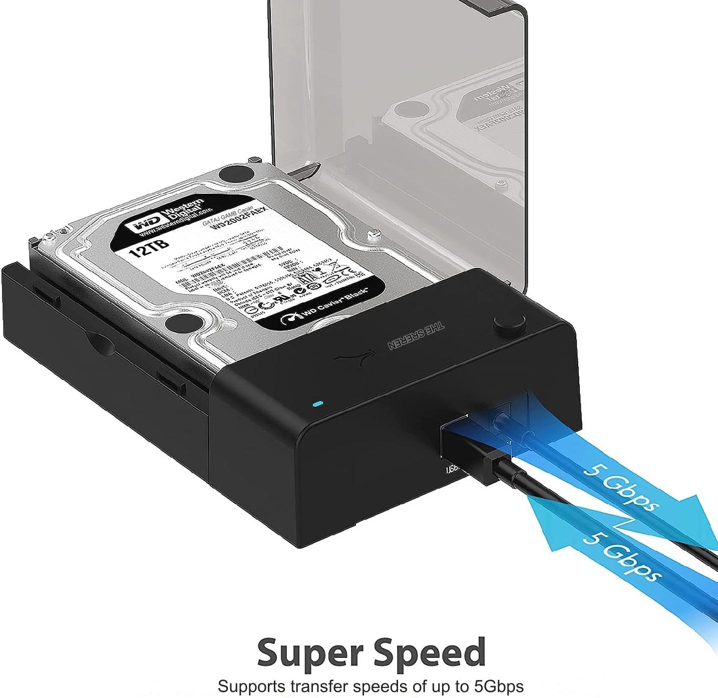 Docking Station pentru HDD/SSD extern, carcasa rack de 2,5-3,5 inchi, SATA, UASP, USB 3.0, USB 3.2 Gen1, plug and play, cu sursa de alimentare DC 12 V, rata de transfer 5 Gbps, cablu tip A de 1.8 m